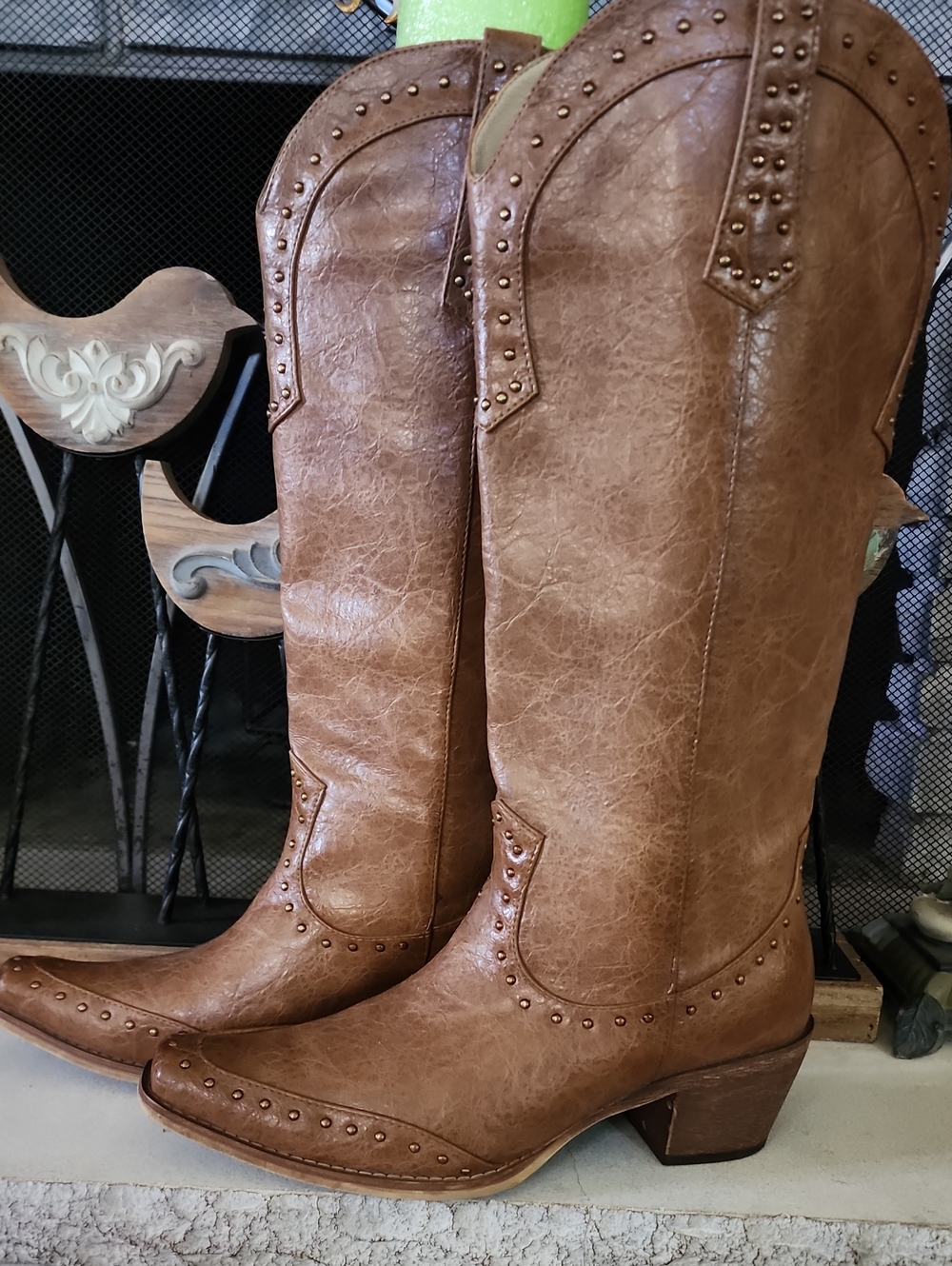 Brown Studded Western Heeled Boots